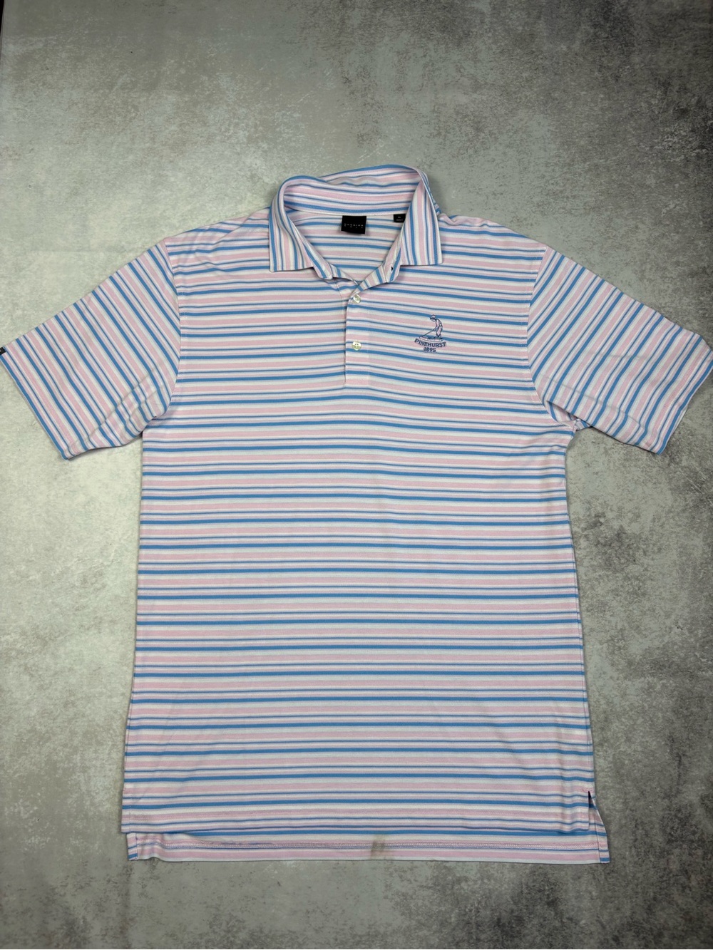 Dunning Golf Pinehurst 1895 Striped Performance Polo Shirt XL Pink Blue